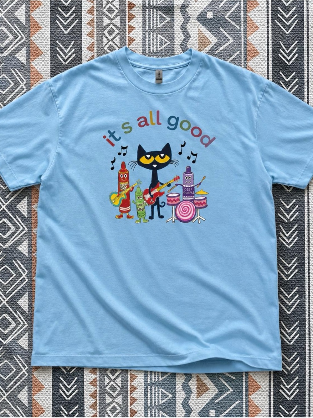 Gildan Sky Blue "It’s All Good" Pete the Cat Graphic Tee | Unisex Cotton Shirt